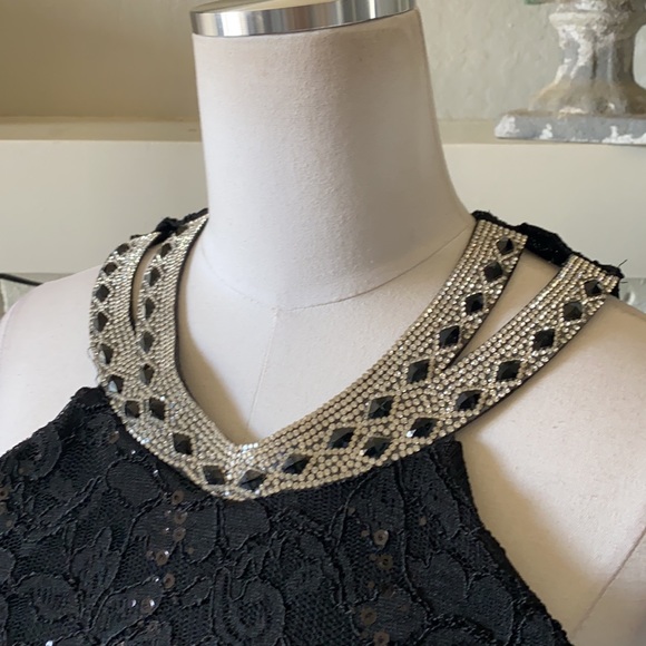 LA SCALA USA BLACK SEQUIN HALTER RHINESTONES FITTED DRESS XL EXCELLENT - Picture 4 of 12